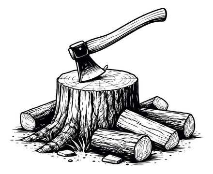Hand drawn illustration of an axe in a tree stump depicting wood cutting for lumberjack work