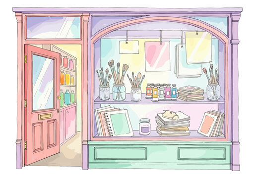 Art supply store display with brushes, paints, and paper in pastel colors