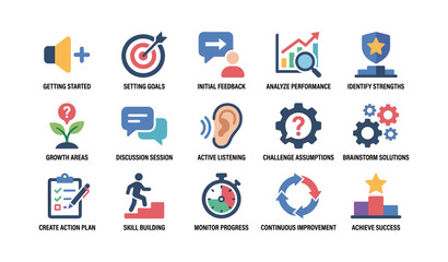 Fototapeta premium Performance coaching icons showing process steps on white background