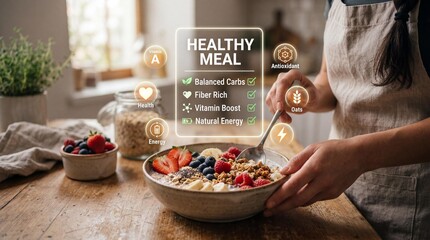Woman preparing healthy breakfast bowl with fresh berries and granola in a cozy kitchen setting featuring digital nutritional infographic overlay icons for wellness