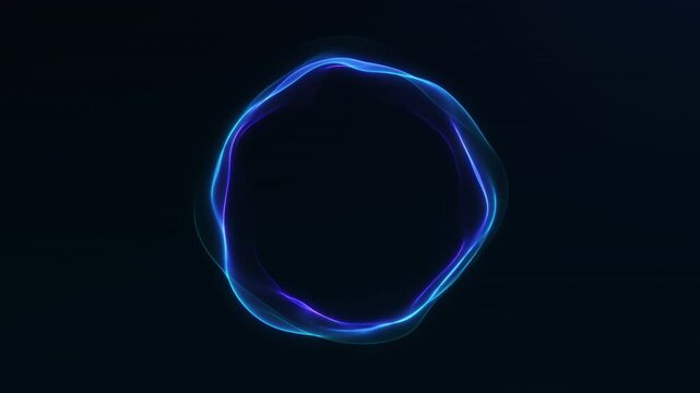 Neon blue and purple wave ring with glowing circular energy motion on dark background. Abstract futuristic technology animation, 4K 60fps loop.