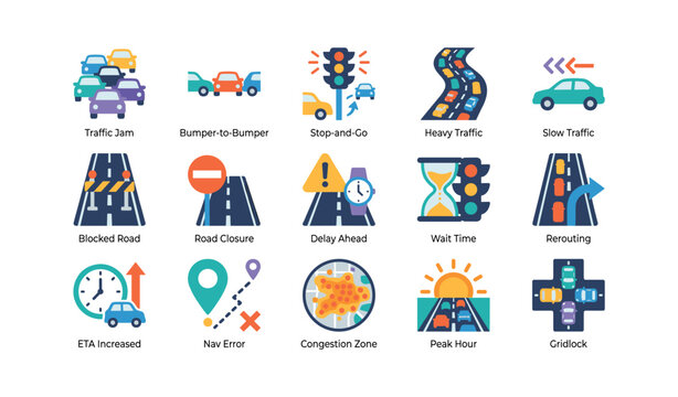 Traffic and congestion icons showing road delays and routing
