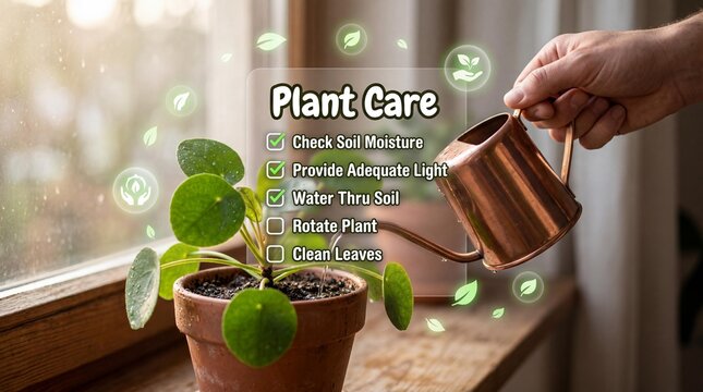 Houseplant care guide infographic with watering can and pilea plant on sunny window sill for indoor gardening tips and sustainable home nature maintenance concepts
