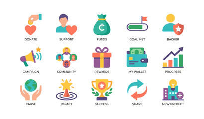 Fototapeta premium Crowdfunding and donation platform icons arranged in grid