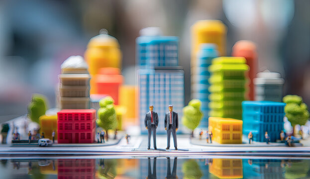 Two miniature business people in suits standing next to a model skyscraper representing real estate investment and corporate property development