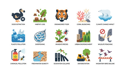 Obraz premium Environmental threat icons showing wildlife and ecosystem issues