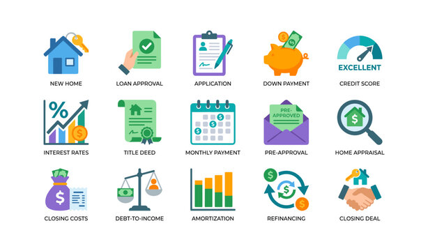 Real estate and mortgage icons representing home loan processes