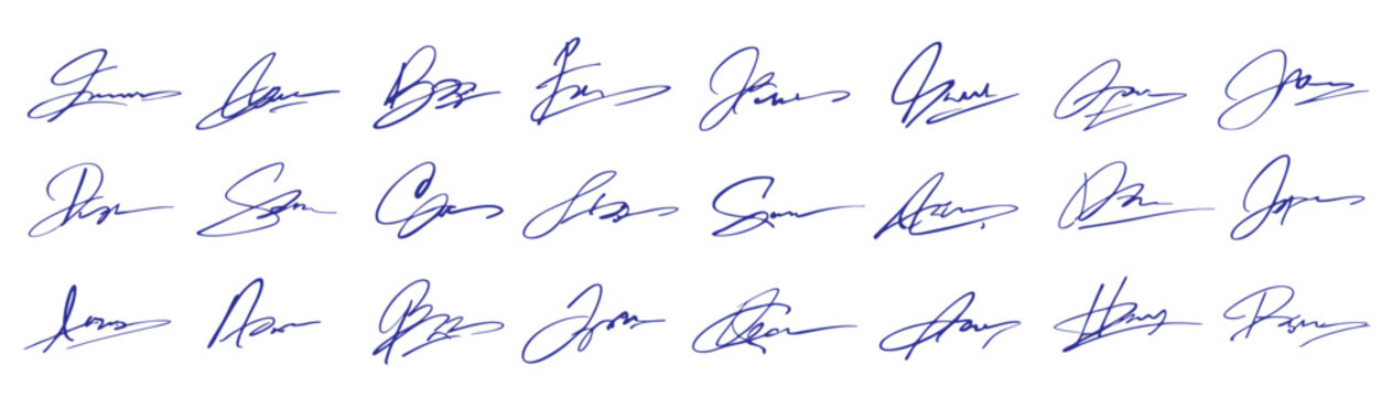 Handwritten Signature Collection - Various Cursive Autograph Styles in Blue Ink on White Background