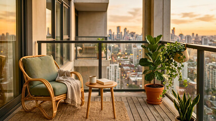 Fototapeta premium Modern apartment balcony with lounge chair overlooking city at golden hour, urban living
