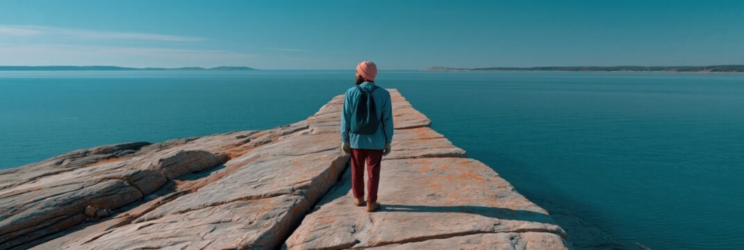 Person walking along rock ledge toward distant ocean horizon