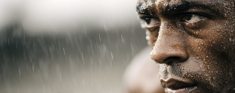 Close up on the intense face of an African American male athlete covered in sweat and water droplets from heavy rain during an intense workout