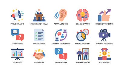 Fototapeta premium Presentation and public speaking skill icons in grid layout