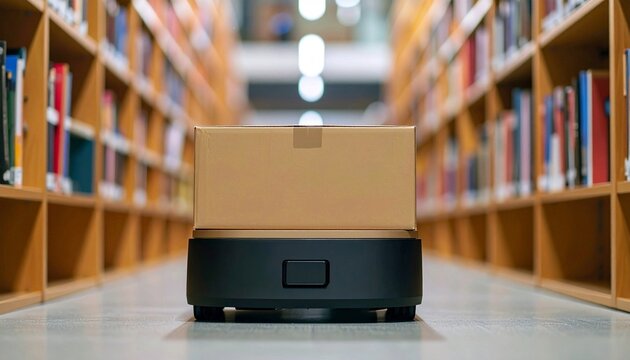図書館の書架で本を運搬する自律走行ロボット 収納ボックスを運ぶ図書館DXと業務効率化（背景ボケ・コピースペース）