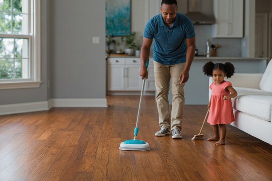 Father mopping hardwood floor with child in living room