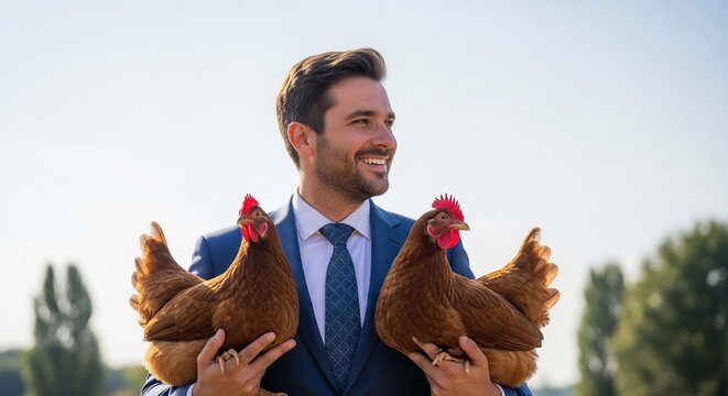 Man holding chickens