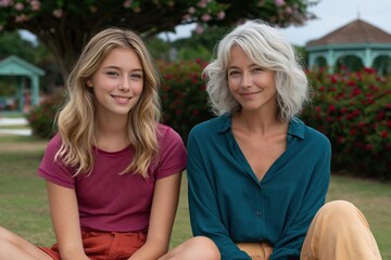 Fototapeta premium Middle aged woman sitting with daughter in park garden