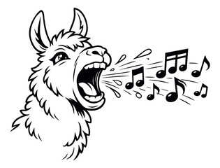 Fototapeta premium Hand drawn line art illustration of a llama depicting shouting musical notes for sound and music