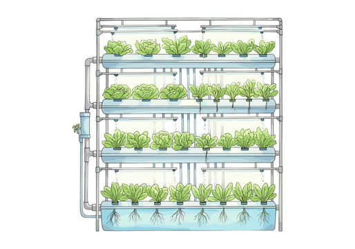Vertical hydroponic farm with rows of leafy green vegetables growing under lights