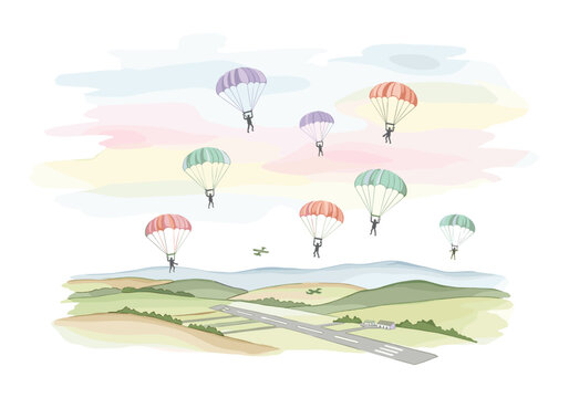 Multiple skydivers descending with colorful parachutes over a rural landscape and runway