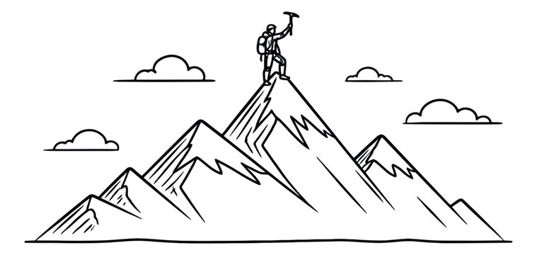 Hand drawn line art illustration of a mountain climber depicting triumph on the summit for success concepts