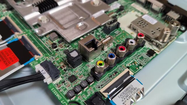 Close-up view of a television circuit board showcasing intricate electronic components, microchips, and soldered connections