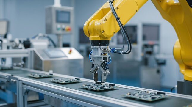 Yellow robotic arm assembling electronic circuit boards on automated conveyor belt in high tech smart factory manufacturing facility.