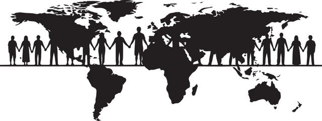 Obraz premium Silhouette of people holding hands in a line across a world map representing global unity, diversity, and international cooperation