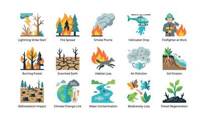 Obraz premium Wildfire hazard and ecosystem impact icons on white background