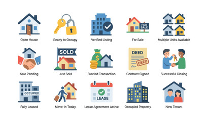 Fototapeta premium Grid of real estate and property transaction icons on white background