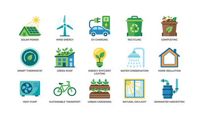 Fototapeta premium Sustainability and green living icons arranged on white grid