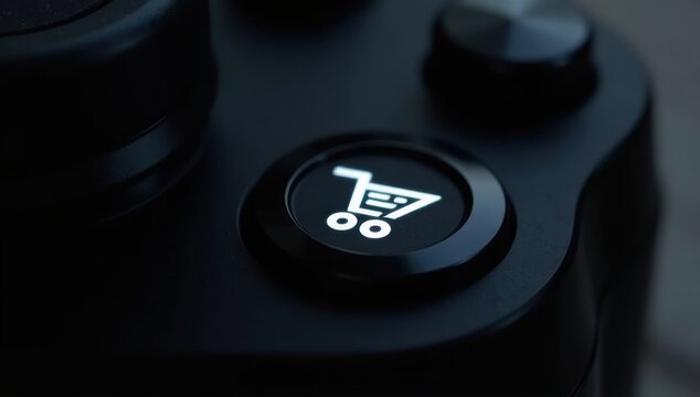 Primer plano de un engranaje de acero negro con un icono de carro iluminado