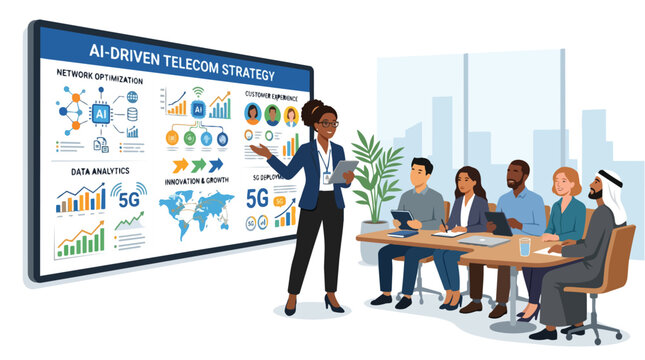 AI Driven Telecom Strategy Presentation Vector Illustration Diverse Workers Team Meeting 5G Network Optimization Data Analytics