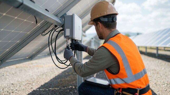 Technician installing solar panel inverter system, renewable energy construction work, electrical maintenance service, photovoltaic equipment setup, industrial safety gear,