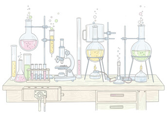 Fototapeta premium Scientific laboratory equipment with colorful liquids bubbling in flasks and tubes