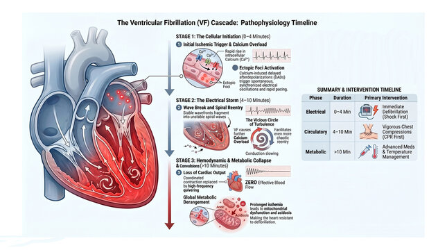 The Ventricular Fibrillation VF Cascade: Pathophysiology Timeline - Cellular Initiation, Electrical Storm, and Hemodynamic Collapse - Medical Visualization