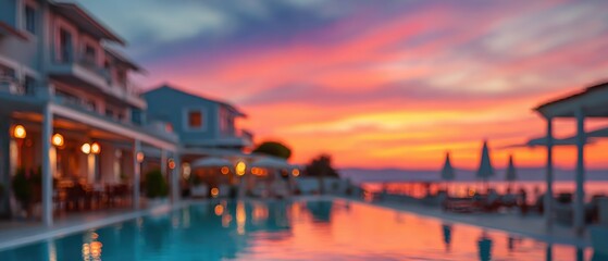 Plakat Blurred luxury hotel in Greece with sea view and summer vacation mood.
