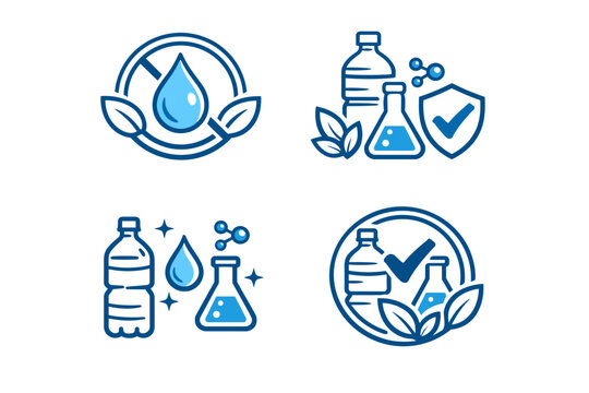 BPA Free and Phthalate Free Guarantee Badge Logo Vector Set. No Bisphenol A and Non-Toxic Plastic Icons for Health and Safety. Blue Outline Symbols for Eco-Friendly Water Bottles and Lab Testing.