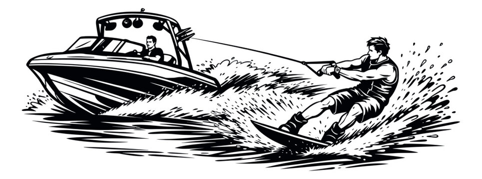 Hand drawn line art illustration of a wakeboarder depicting a man riding a board behind a speed boat for summer water recreation