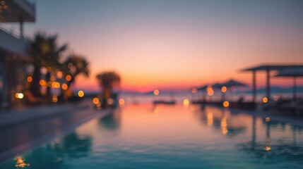 Plakat Blurred luxury hotel in Greece with sea view and summer vacation mood.