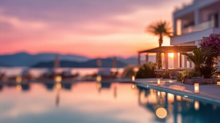 Obraz na płótnie Canvas Blurred luxury hotel in Greece with sea view and summer vacation mood.