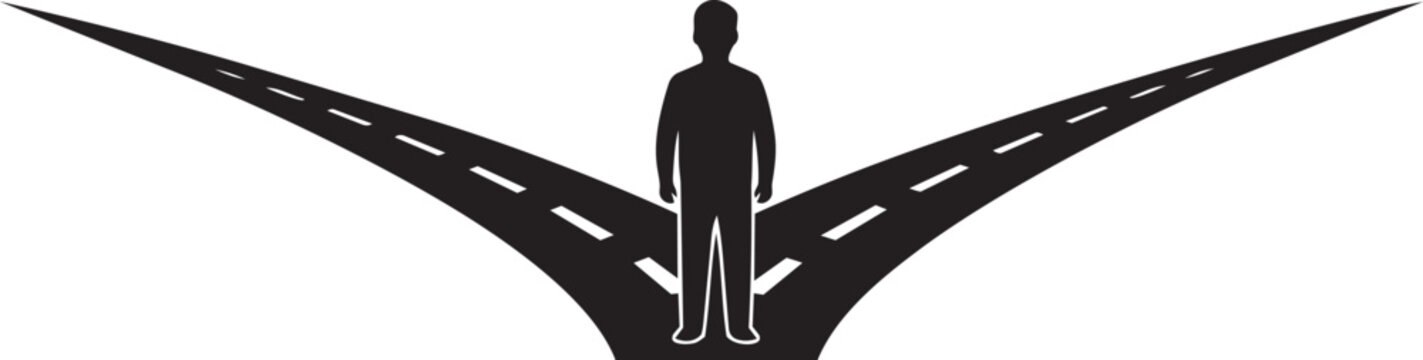 Silhouette of a person standing at a fork in the road, representing a difficult choice or decision between two different paths in life