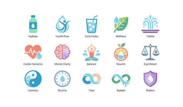 Grid of health and hydration icons displayed on white background