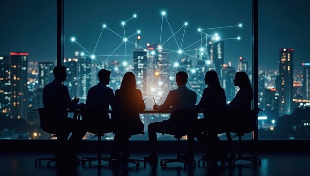 Reuni&oacute;n nocturna en la oficina con el horizonte de la ciudad de fondo, red brillante
