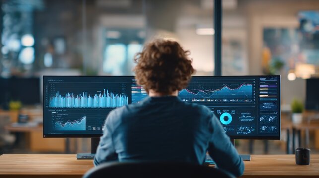 Analyst Working on Dual Monitors with Data Visualization: A person sits at a desk, focused on two computer monitors displaying complex data charts and graphs.