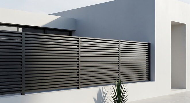 Modern Black Horizontal Slatted Fence on White Minimalist Wall Architecture