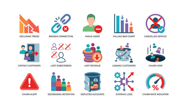 Customer churn icons showing loss, decline and retention issues