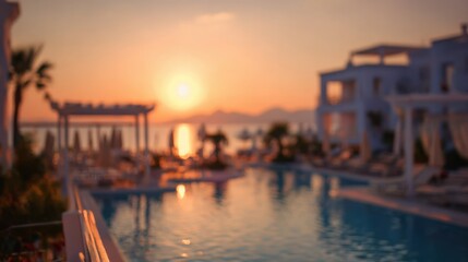 Obraz premium Blurred poolside hotel in Greece with mediterranean summer vibe.