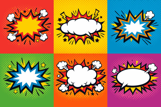 Set of Six Pop Art Comic Book Speech Bubbles and Explosion Clouds on Colorful Halftone Backgrounds, Retro Vector Illustration for Comic Design, Advertising, and Vintage Graphic Resources.