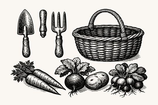 Vintage Hand Drawn Garden Tools and Root Vegetables Set in Woodcut Etching Style Featuring Wicker Basket, Trowel, Fork, Carrots, Beetroot, Potato, and Radishes for Organic Farming and Gardening