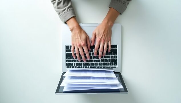 Vista superior de unas manos tecleando en un port&aacute;til con capas de documentos digitales que se expanden hacia afuera, escritorio blanco y limpio